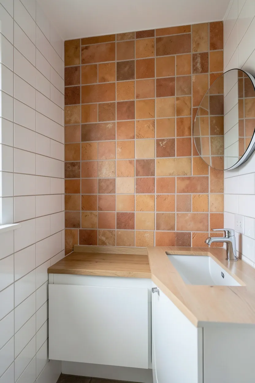 Hyper-realistic eye-level photograph of a modern earthy bathroom accent wall showing handmade terracotta tiles in warm reddish-orange tones with natural variation, surrounded by white subway tile walls, white vanity with wood countertop, chrome faucet, small round mirror. Natural light. Materials: handmade terracotta tiles, white subway tiles, wood countertop, chrome fixtures. Warm earthy terracotta wall. Authentic handmade tile quality. No text, no logos, no watermarks.</p>