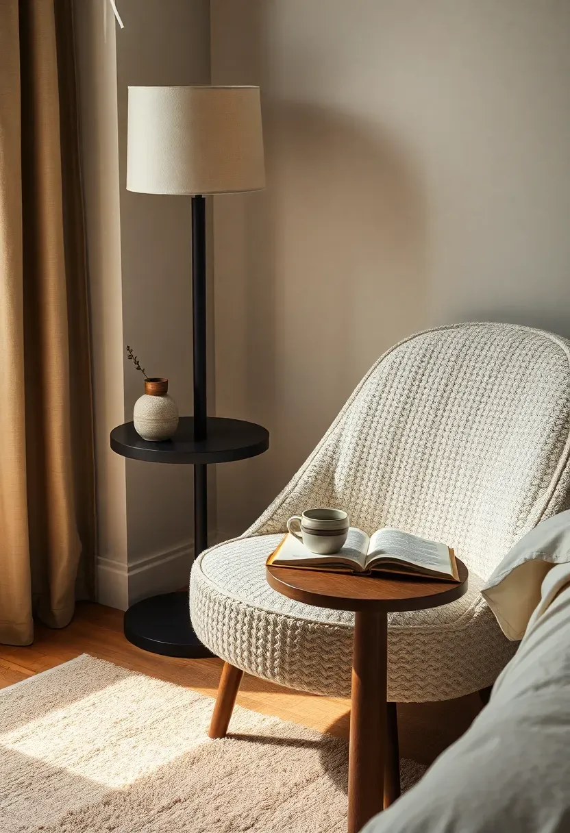 ivory boucle accent chair in a cozy bedroom corner beside a floor lamp and small side table