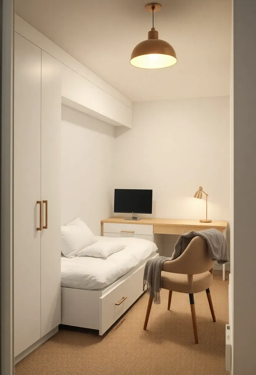 Basement room with a murphy bed folded up revealing a desk and office setup, neutral tones, and soft overhead lighting