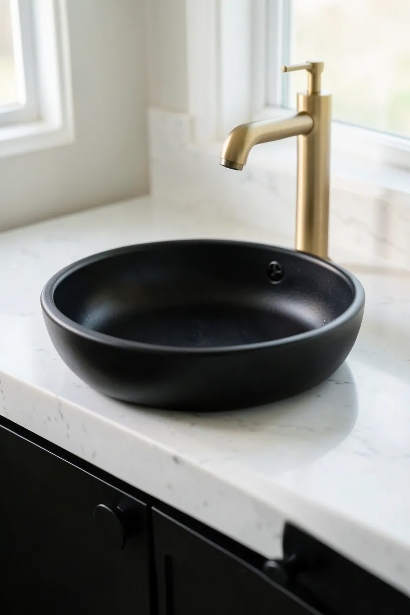 Matte black ceramic vessel sink on a white bathroom countertop — dramatic focal point for a budget-friendly small apartment bathroom