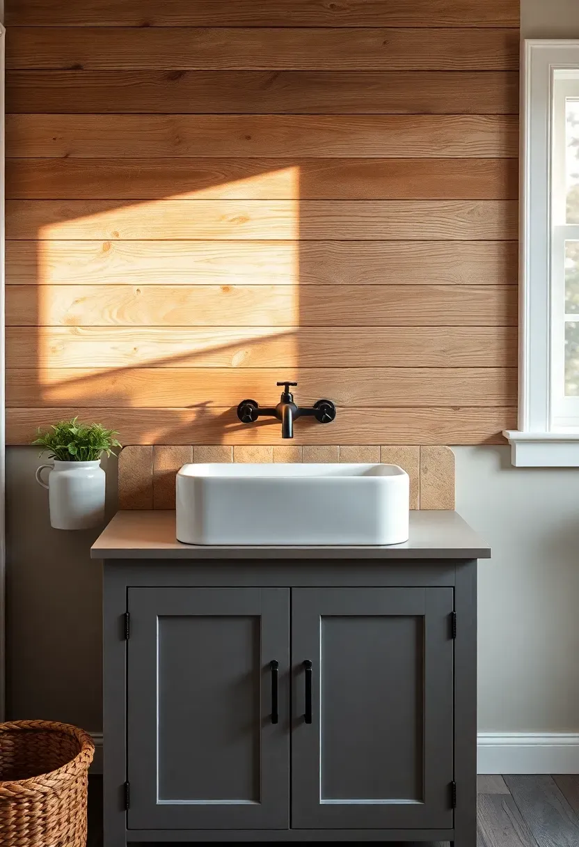 Warm bathroom with reclaimed barn wood planks sealed and mounted as a backsplash behind a white farmhouse sink vanity with black iron hardware