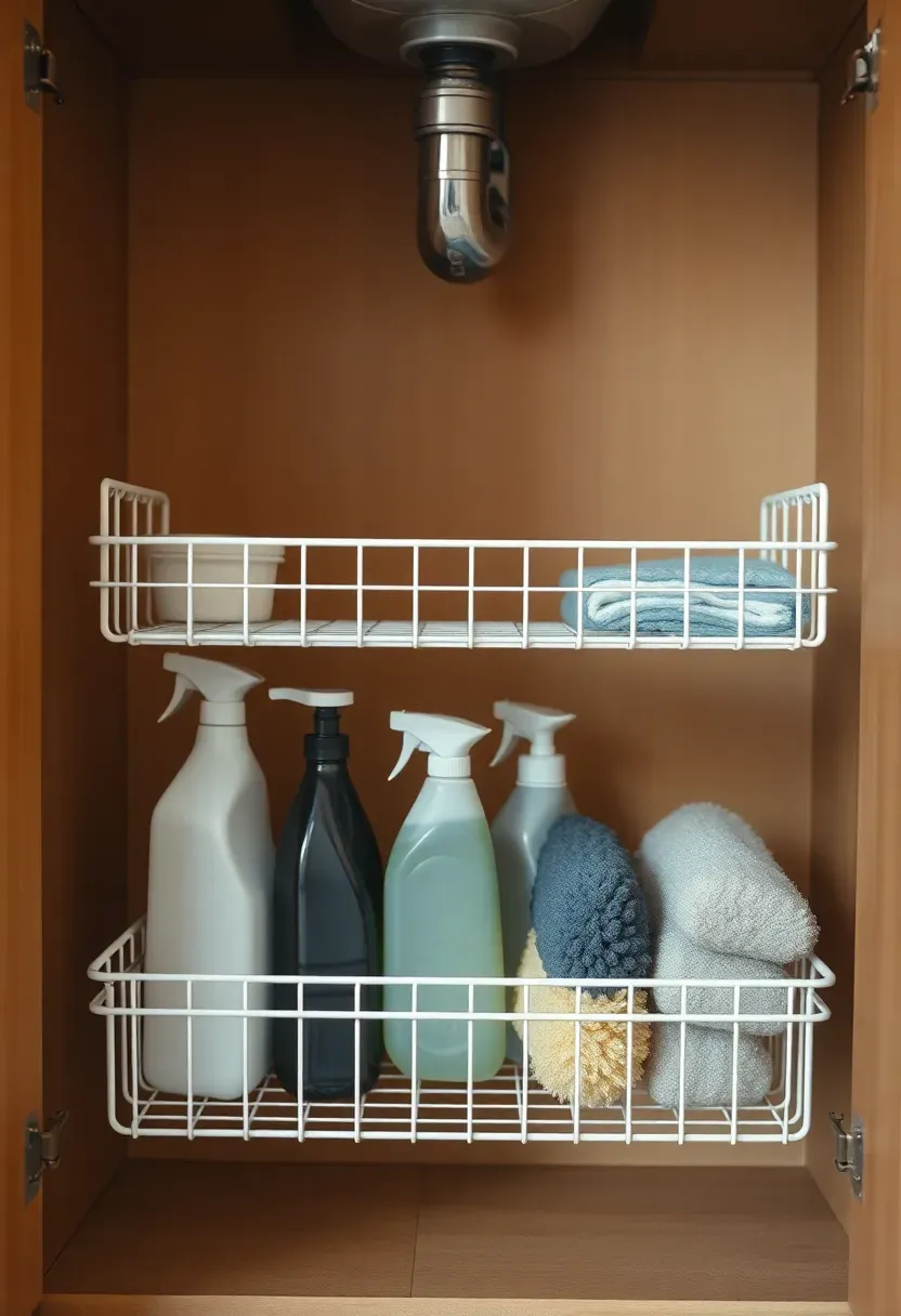 pull-out drawer organizers installed under kitchen sink storing cleaning supplies