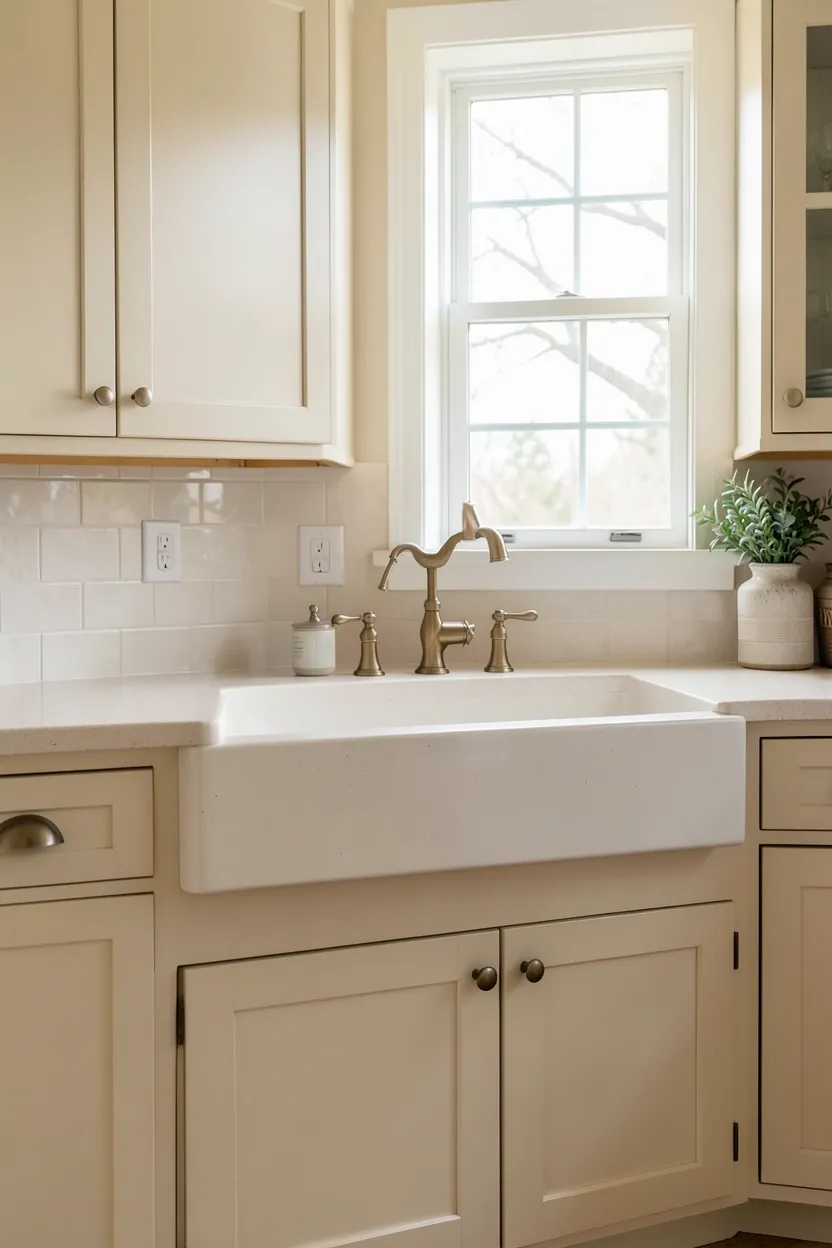 White fireclay apron-front sink with vintage brass gooseneck faucet in a small farmhouse kitchen under a window