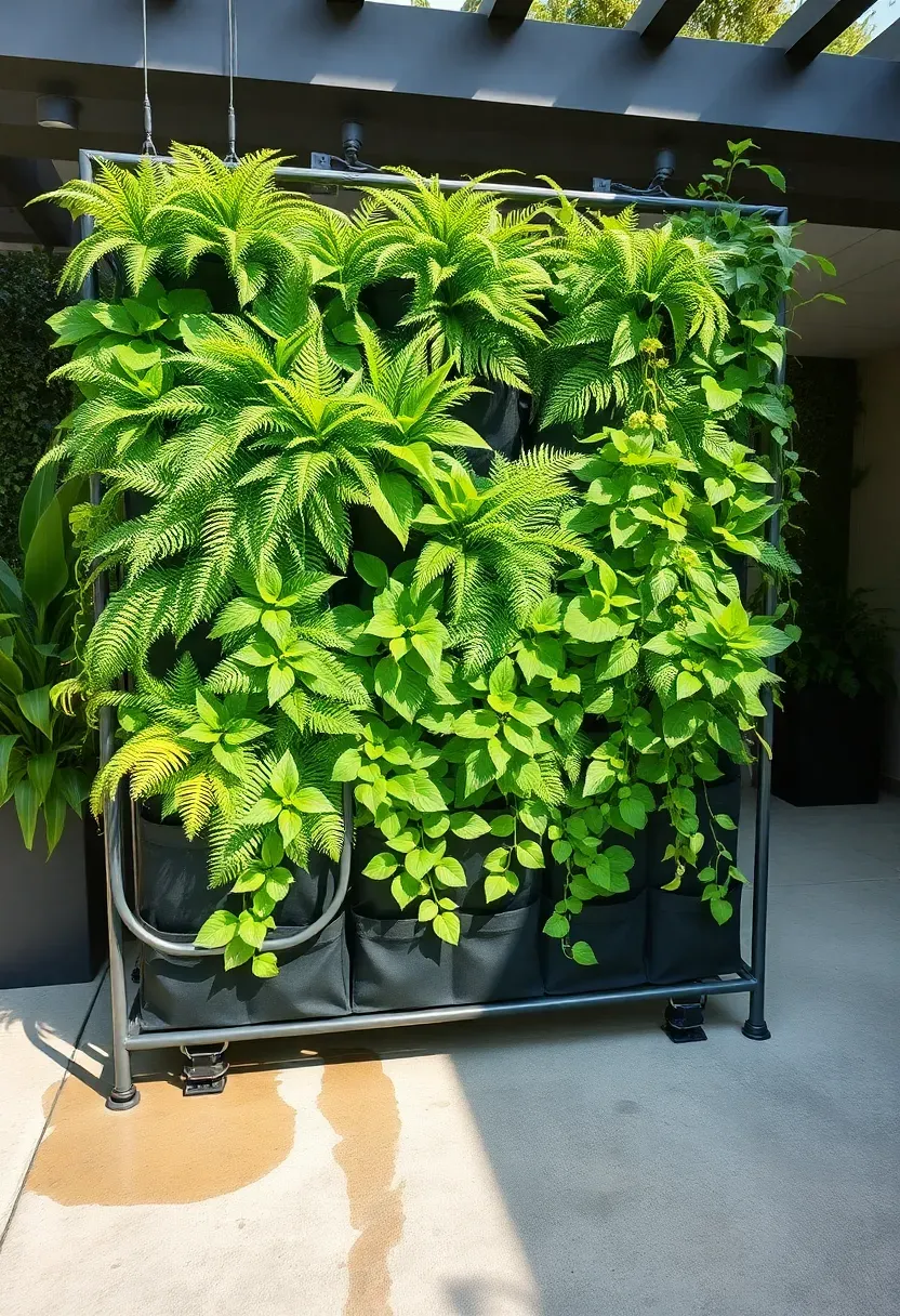 Vertical green living wall with tropical plants and ferns mounted on a frame creating shade on a patio