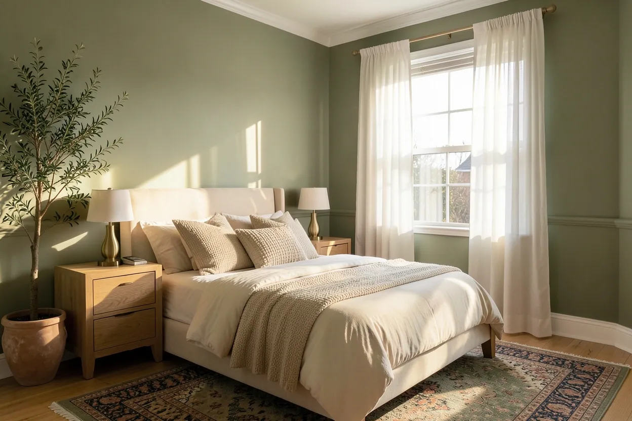 Cozy olive green bedroom with cream bedding, natural wood nightstand, and warm brass lamp — rental apartment bedroom ideas