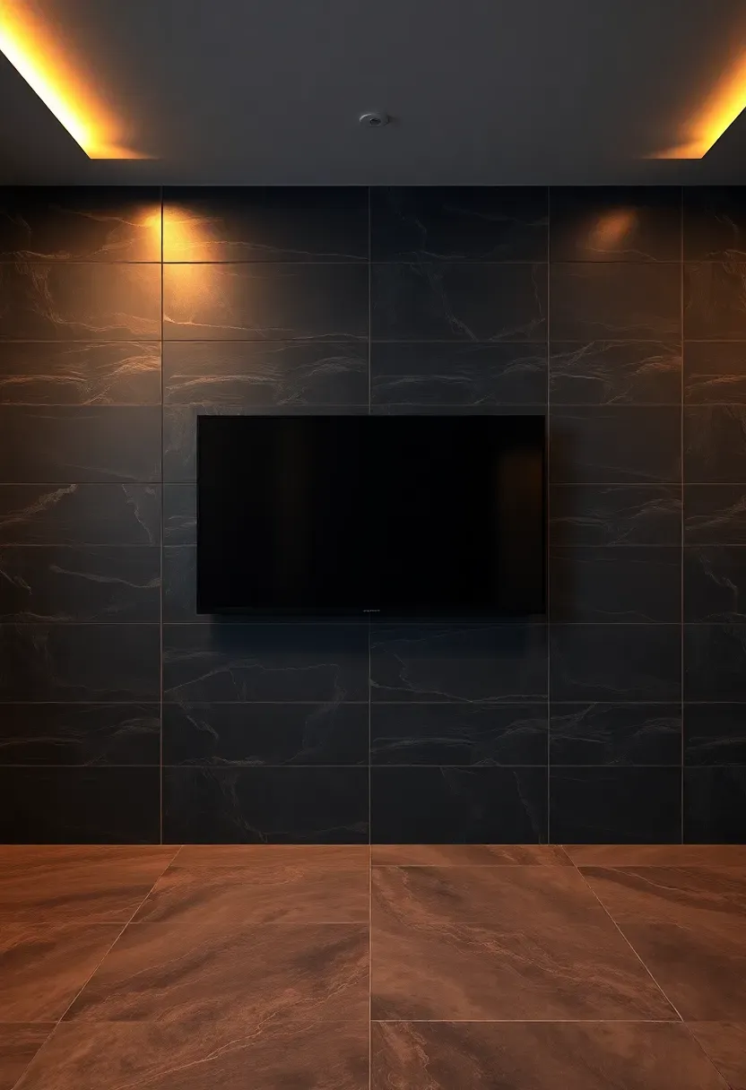 Large-format dark porcelain tiles covering a basement TV wall with subtle veining and a mounted screen in the center