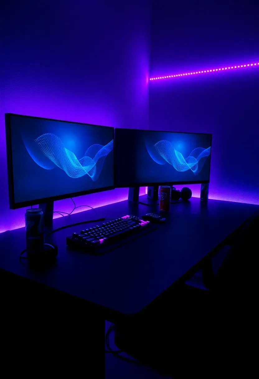 Basement developer office with triple monitor setup, under-desk LED strips, mechanical keyboard, and dark ambient lighting