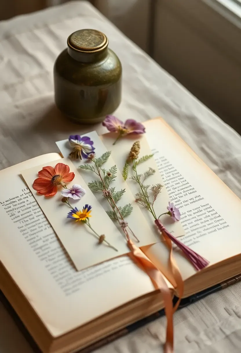 custom pressed flower bookmarks with baby shower thank you text and gold accents