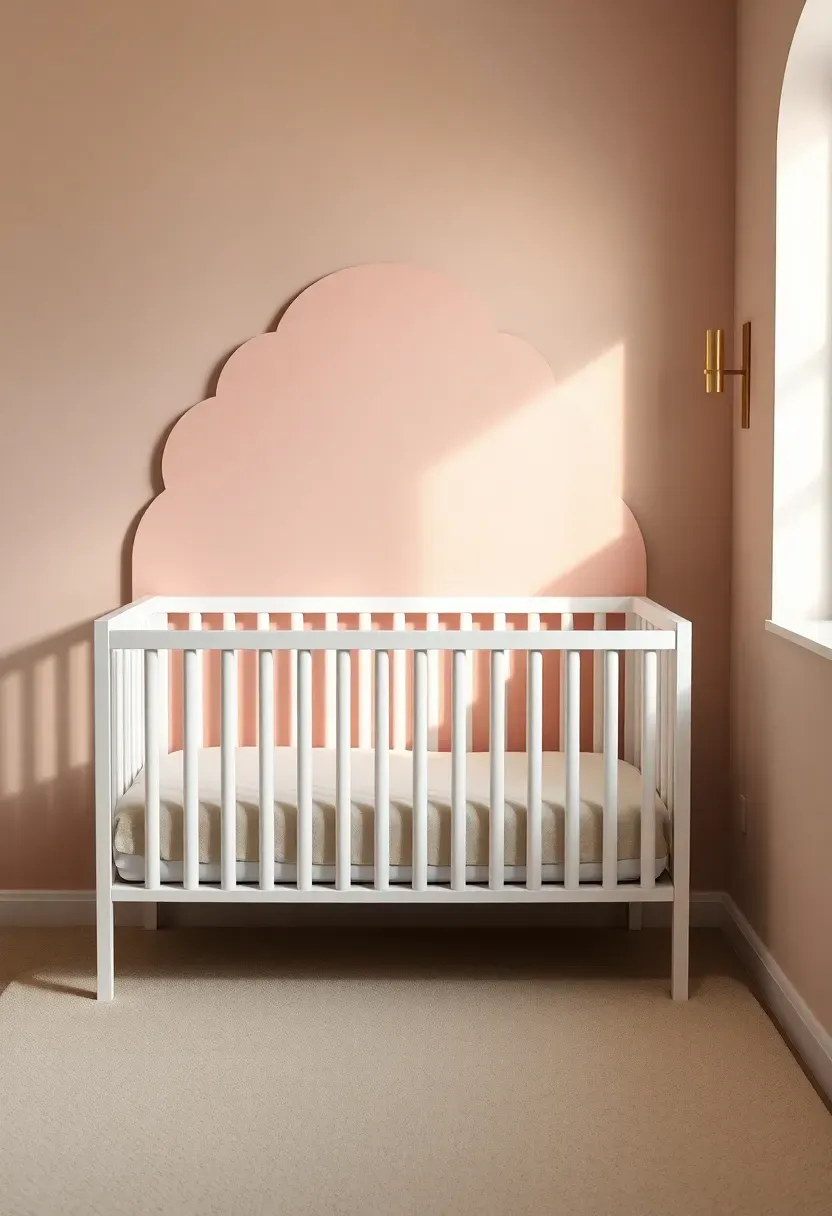 baby girl nursery wall with scalloped panel headboard detail in soft pink