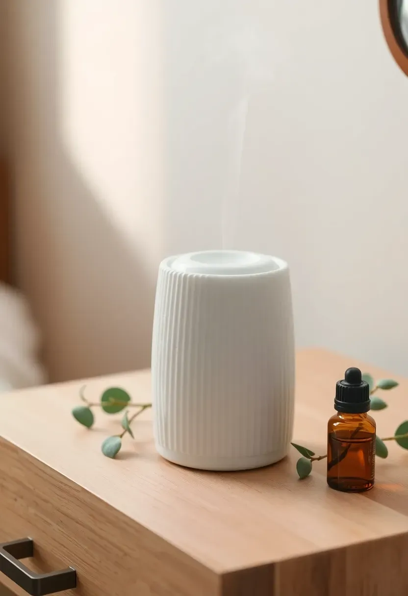 compact mini essential oil diffuser in white ceramic with eucalyptus sprigs beside it