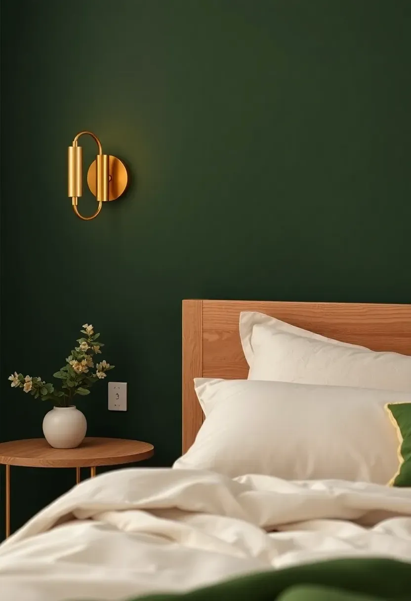Deep forest green accent wall with warm brass