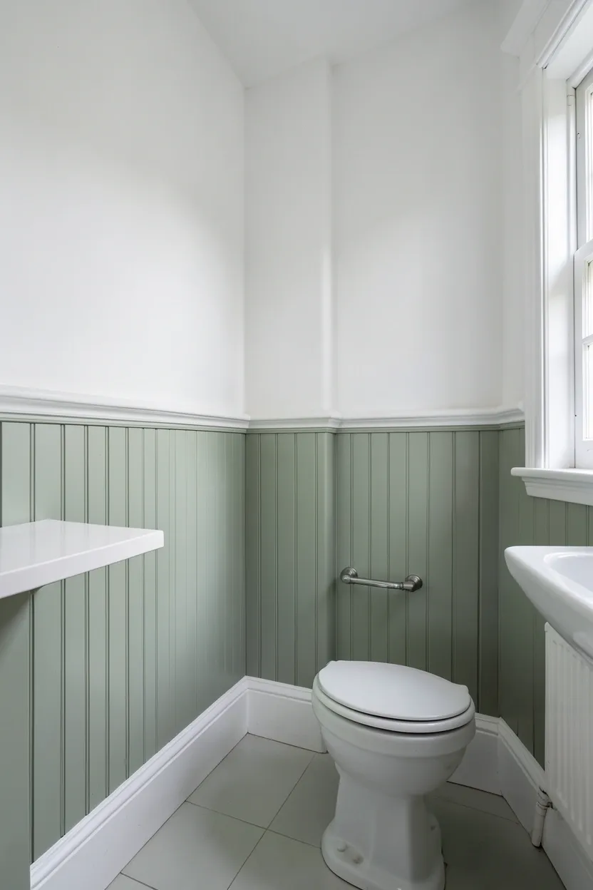 Sage green wainscoting in a small bathroom with white upper walls, chrome fixtures, and botanical print frames