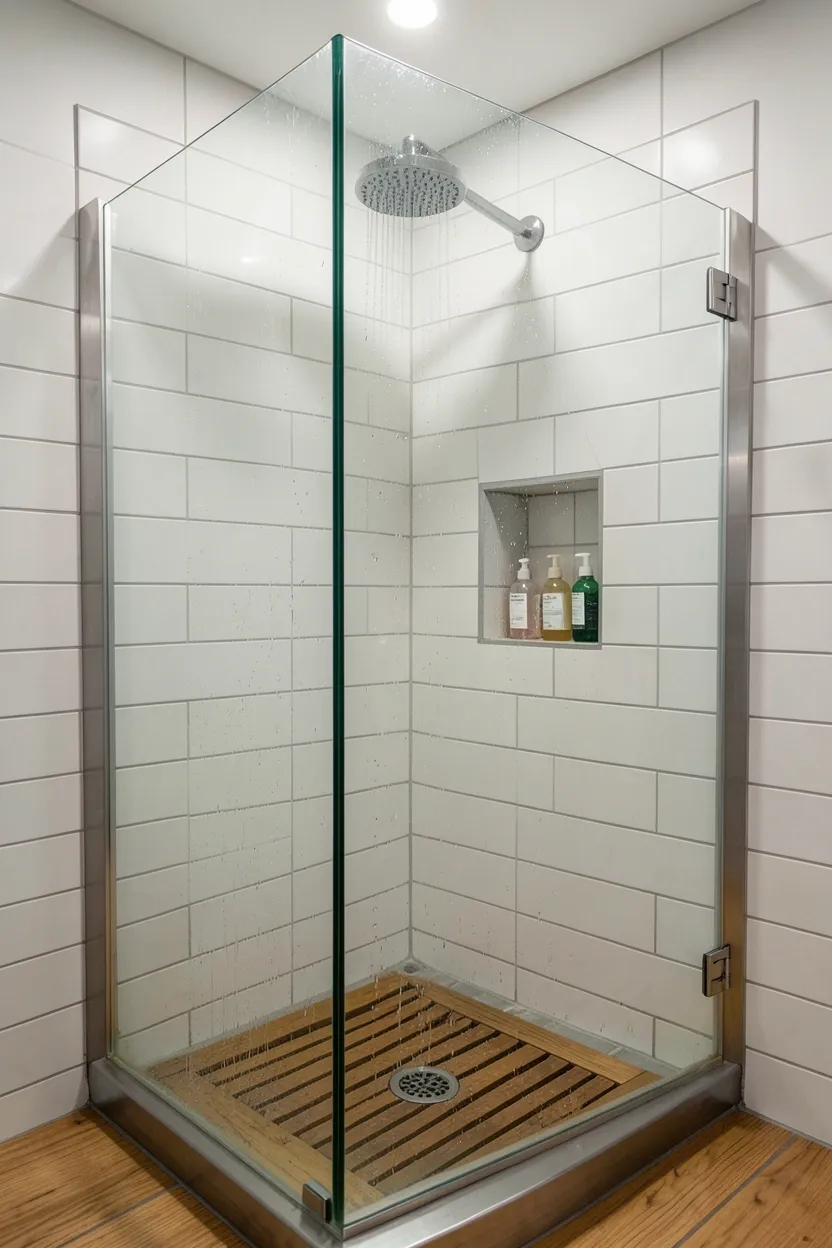 Corner walk-in shower with frameless glass enclosure and white subway tile walls in a compact modern bathroom