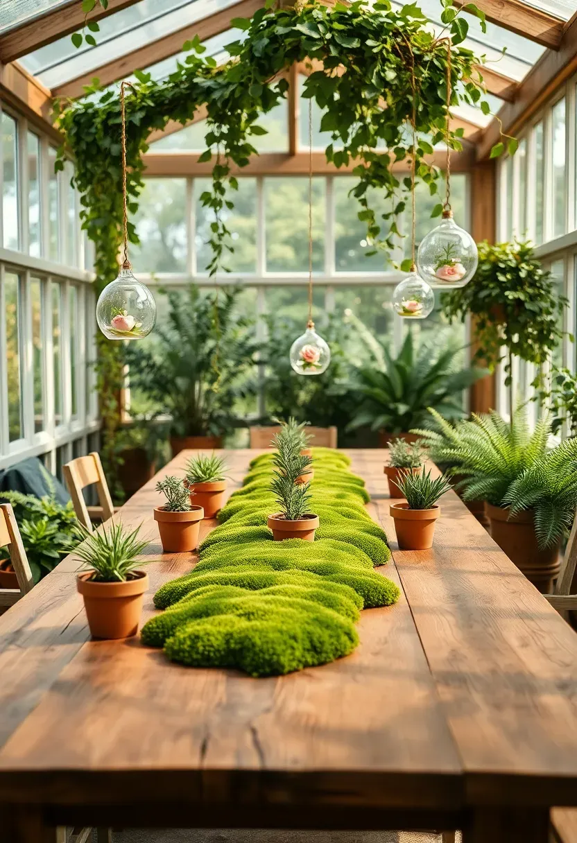 enchanted greenhouse baby shower setup with potted plants hanging ferns and fairy lights