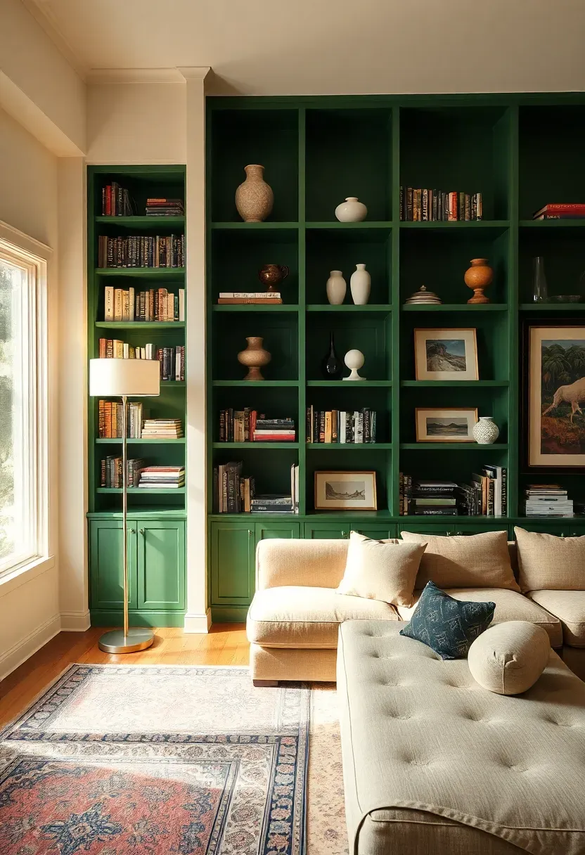 Hyper-realistic 3/4 view of floor-to-ceiling built-in bookshelves painted in deep hunter green against cream walls, filled with curated books, ceramic vases, and framed art, with beige sectional and Persian rug in foreground. Materials: matte hunter green paint on shelving interior and exterior, cream wall color, natural wood shelf surfaces, mixed book spines, ceramic objects. Warm ambient lighting from floor lamp illuminating shelf contents, visible room context showing full wall of built-ins with window to left. Shallow depth of field with sharp shelf details, no text or logos.</p>