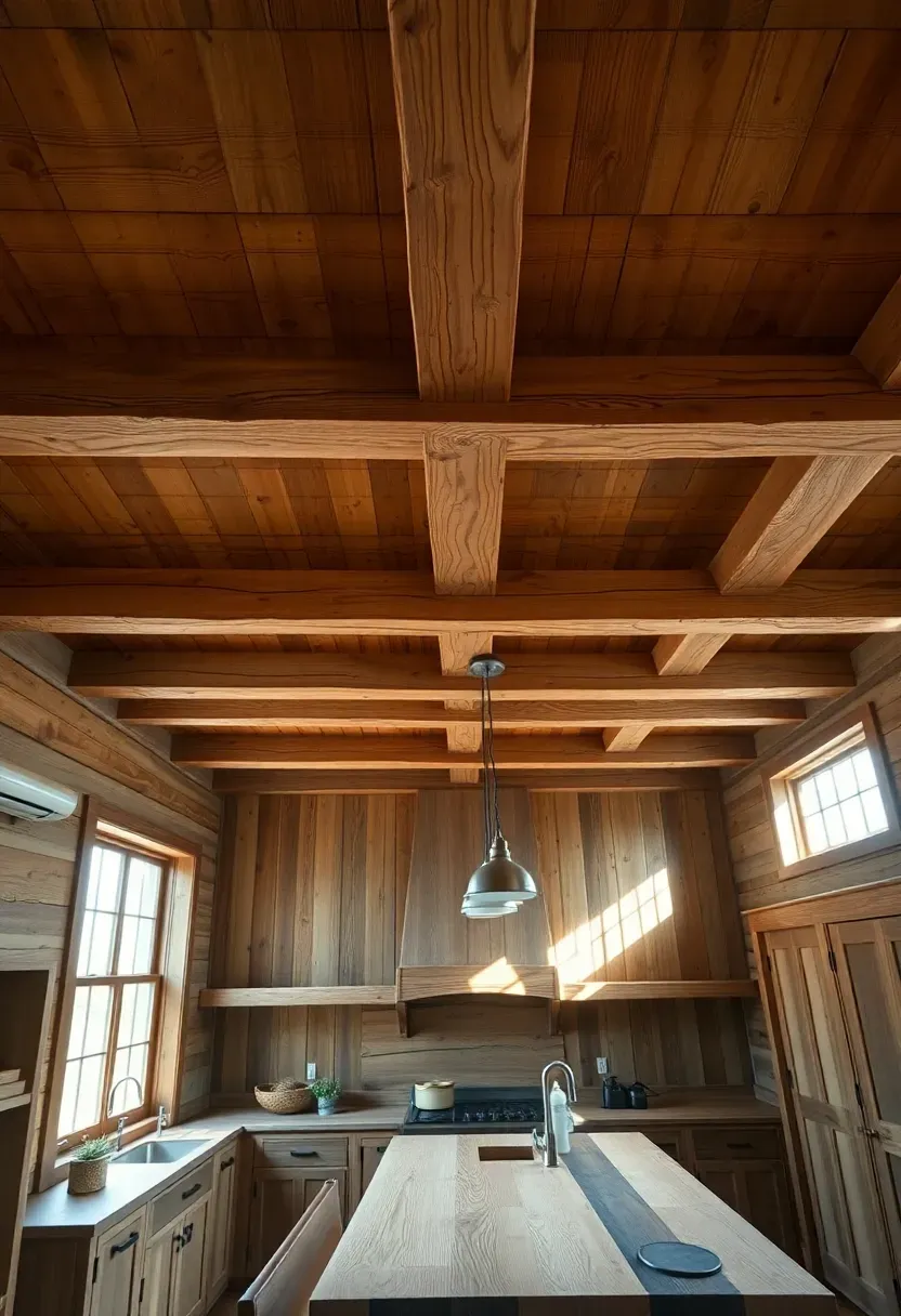Hyper-realistic 3/4 view looking up toward exposed wooden ceiling beams in a rustic kitchen. Beams in natural oak with slight weathering and visible grain. Reclaimed wood cabinets below, butcher block island with visible prep area. Warm natural light streaming in from windows, creating dappled shadows across beams. Kitchen island with stools visible below, pendant lights hanging from beams. Materials: reclaimed oak, butcher block walnut. Rustic cozy mood with authentic lived-in feeling. Light dust accumulation in beam joints, small water ring on island surface. No text, no logos, no watermarks. Negative prompt: 