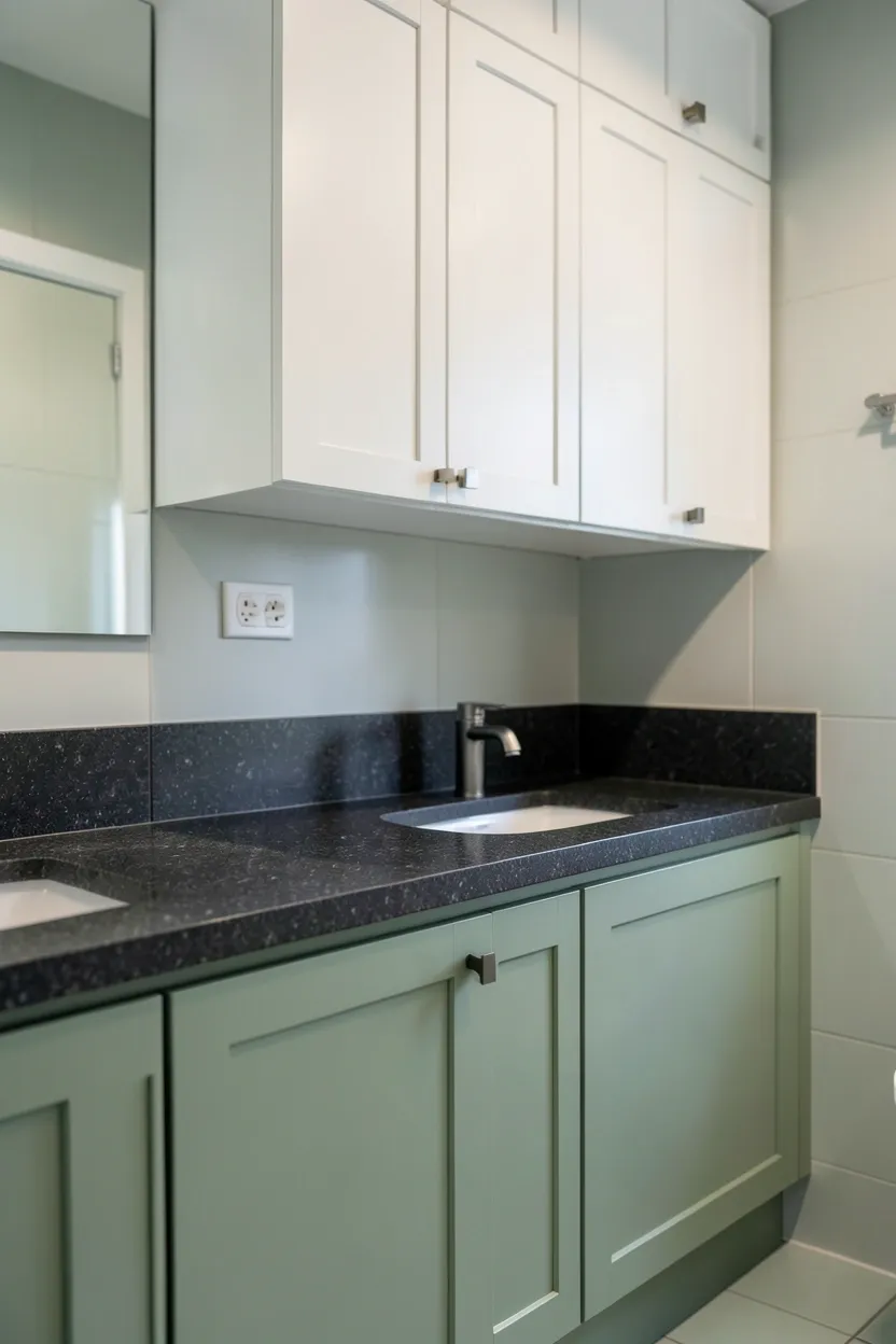 Two-toned bathroom with sage green lower cabinets and white upper cabinets, charcoal countertop, and modern fixtures