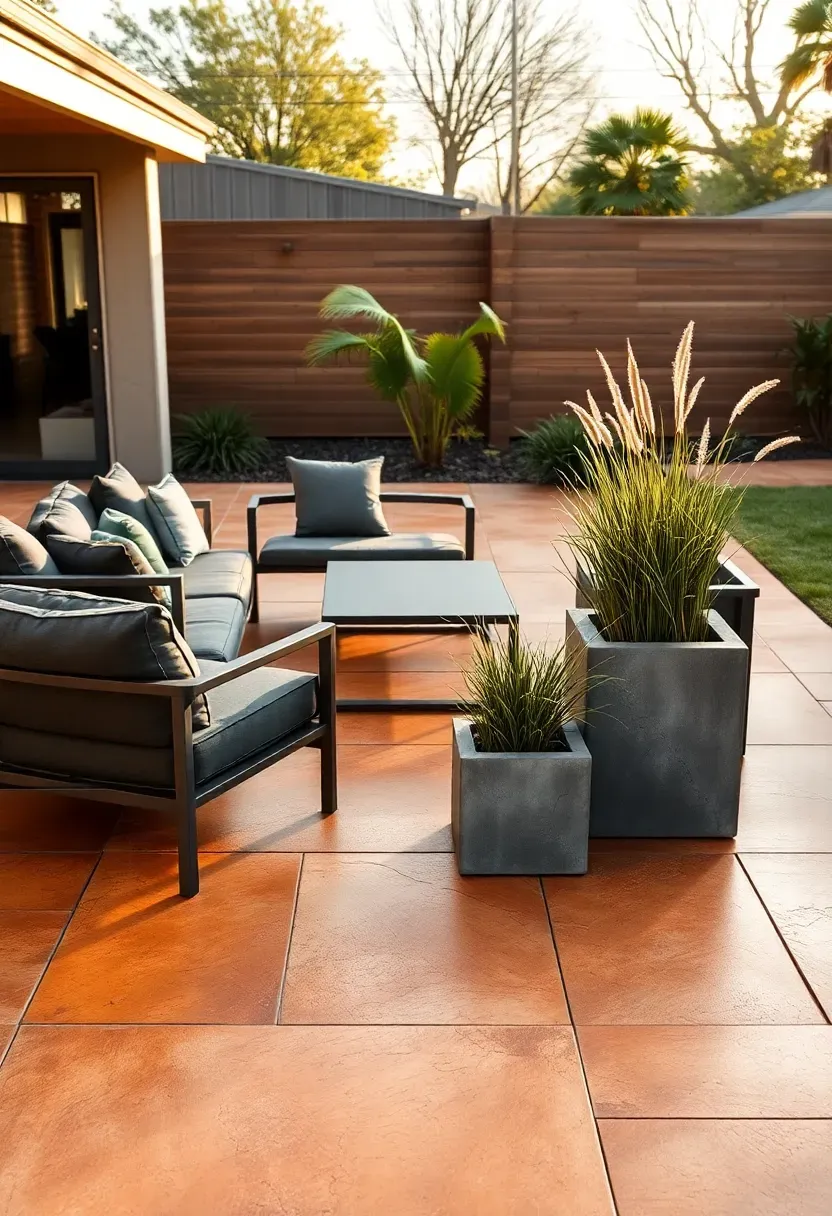 Stained concrete patio in warm brown tones in a Texas backyard with modern outdoor furniture, planters, and clean geometric lines