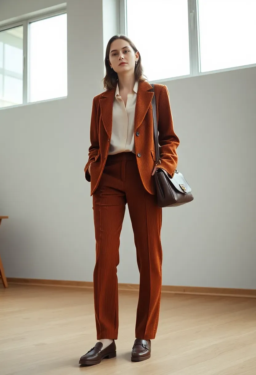 rust-coloured corduroy suit with a cream silk blouse for a modern winter baby shower outfit