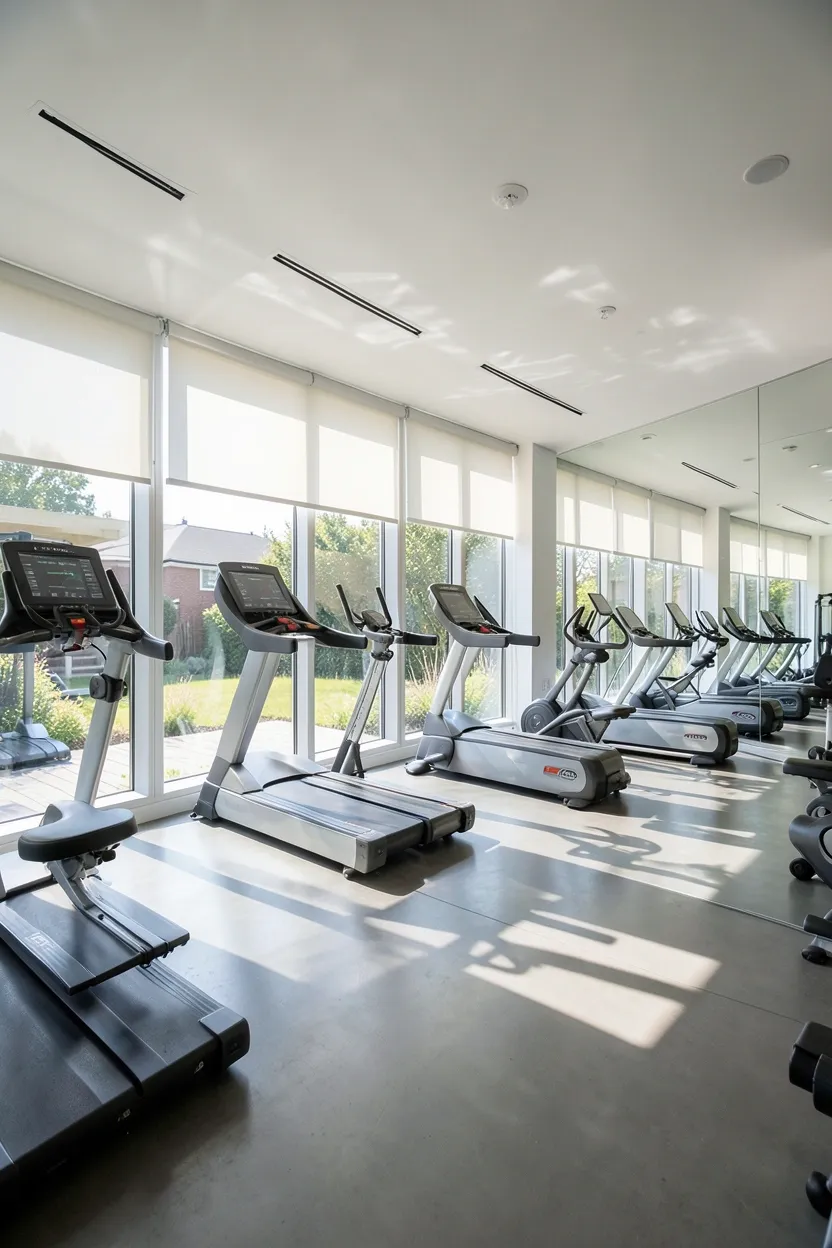 Minimalist home gym flooded with morning sunlight from large windows, yoga mat positioned near natural light, sheer roller shades filtering bright daylight