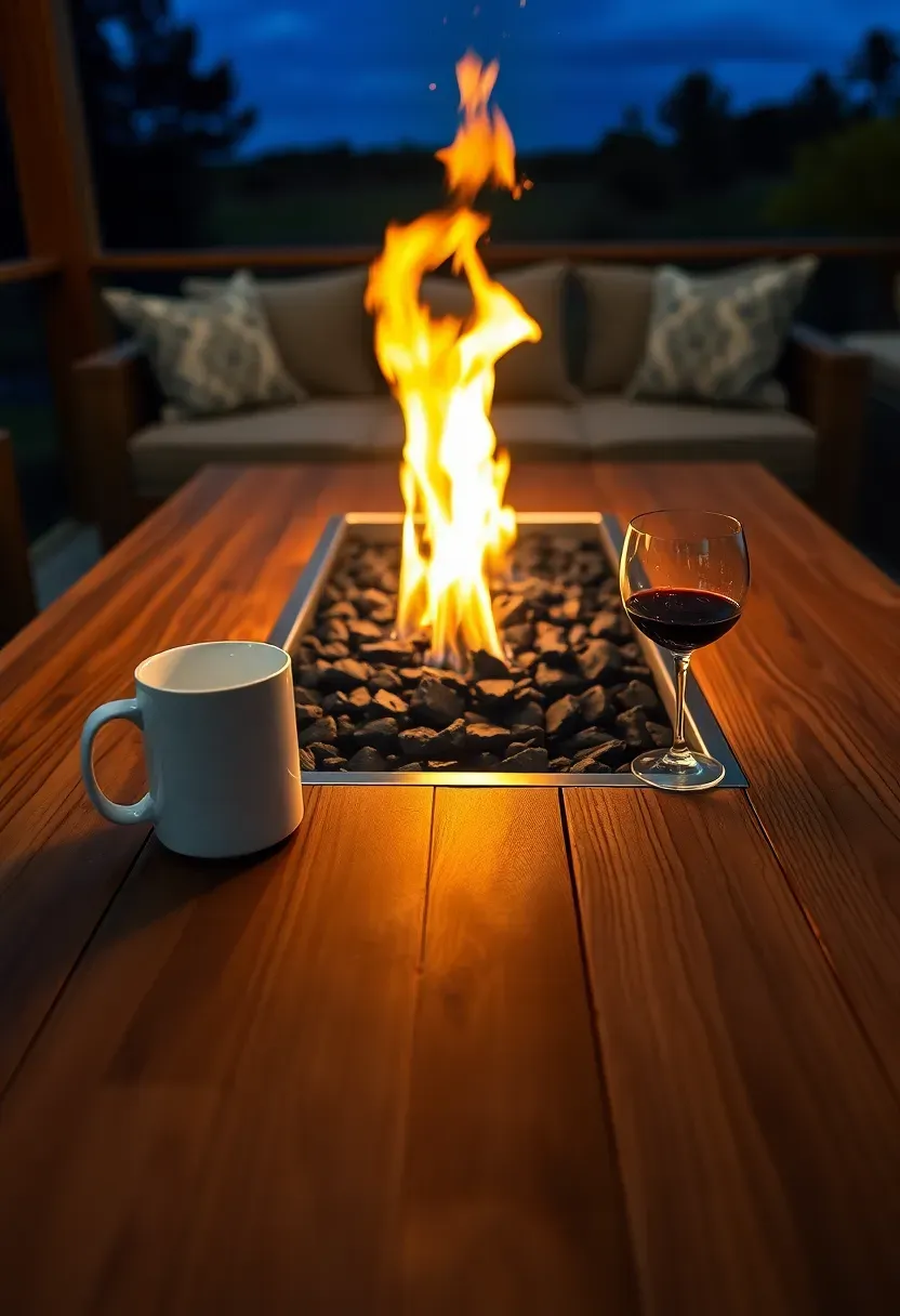 A rectangular gas fire table with a wide wooden drink rail around the perimeter and built-in propane storage