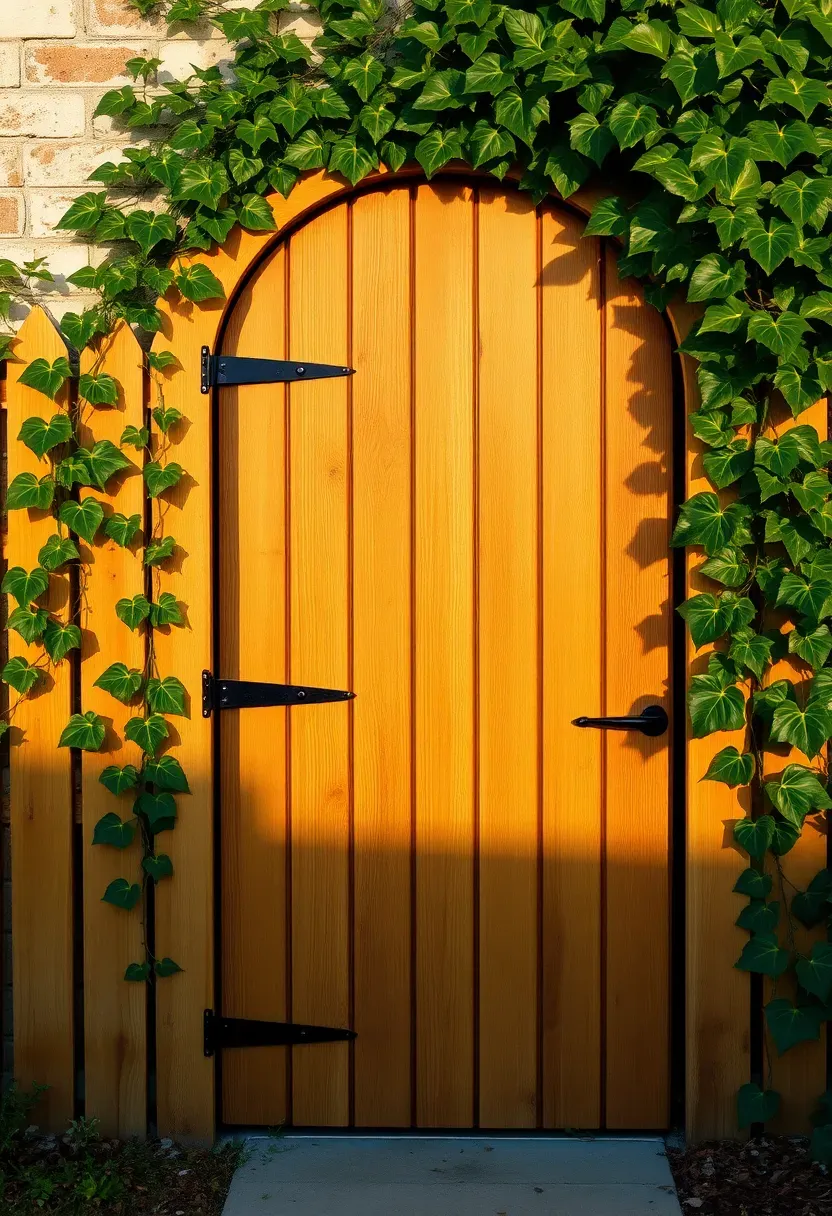 Arched cedar plank gate with vertical boards and a rounded top in a garden fence with ivy growing along the wall