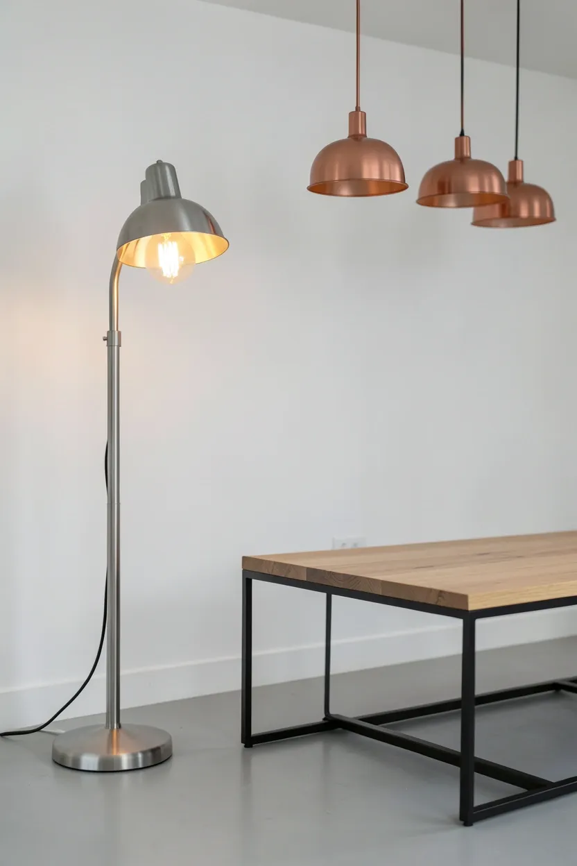 Neutral beige and white industrial minimalist living room with brushed steel floor lamp, copper pendant light, and matte black coffee table legs on concrete floor