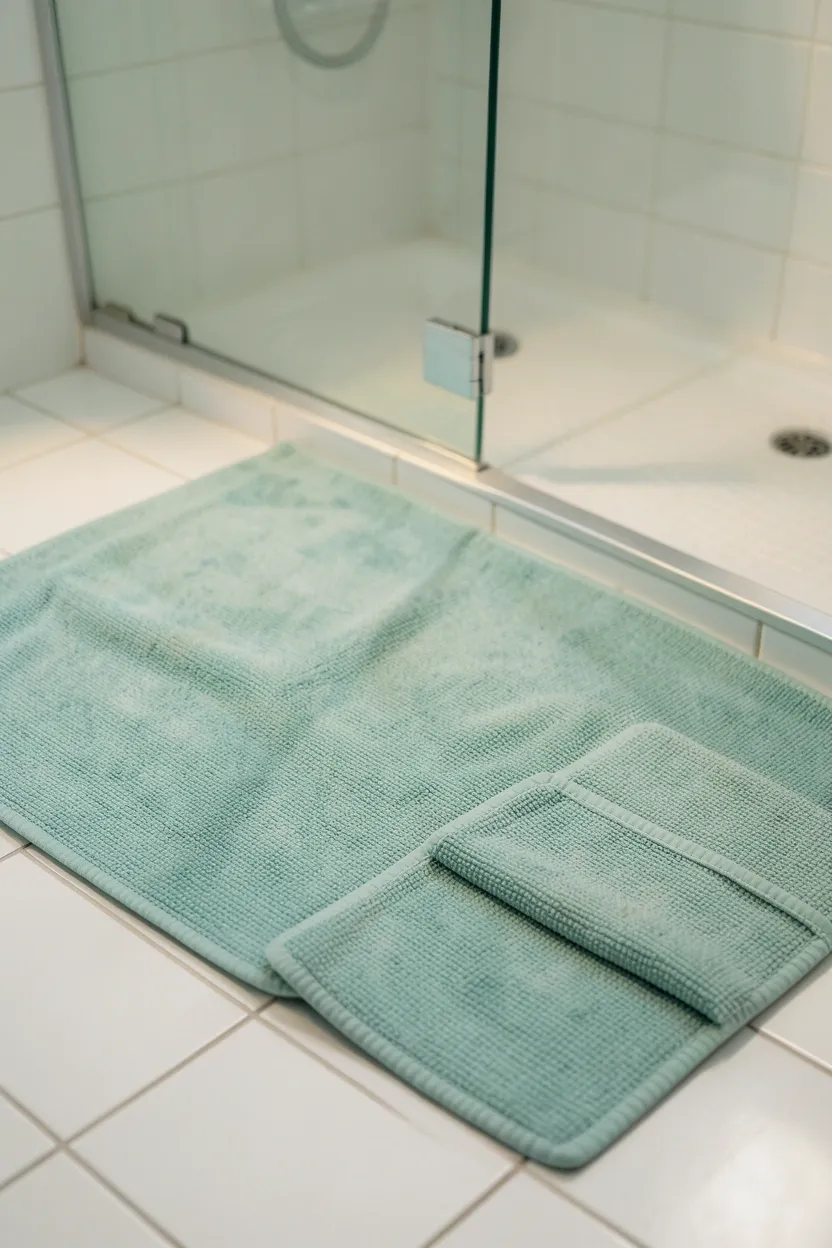 Celadon green cotton bath mat set with non-slip backing placed outside a shower and beside a toilet in a neutral rental bathroom