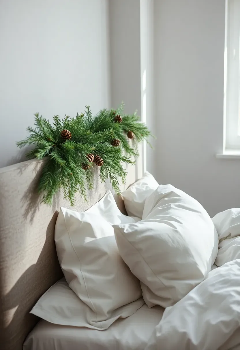 Hyper-realistic 3/4 view of minimalist bedroom with fresh cedar garland draped along top edge of upholstered headboard. Silvery-green cedar needles with natural variation, minimal pine cone accents scattered sparingly. White linen bedding, gray upholstered headboard, white walls. Materials: fresh cedar garland, linen bedding, upholstered headboard. Natural light from window, cedar casting soft organic shadows along headboard edge. Fragrant Christmas greenery as architectural accent. Shallow depth of field, sharp details on cedar texture. No text, no logos, no watermarks.</p>