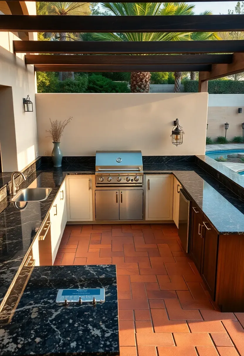 U-shaped backyard kitchen with three counter runs surrounding a central cooking area with a large gas grill