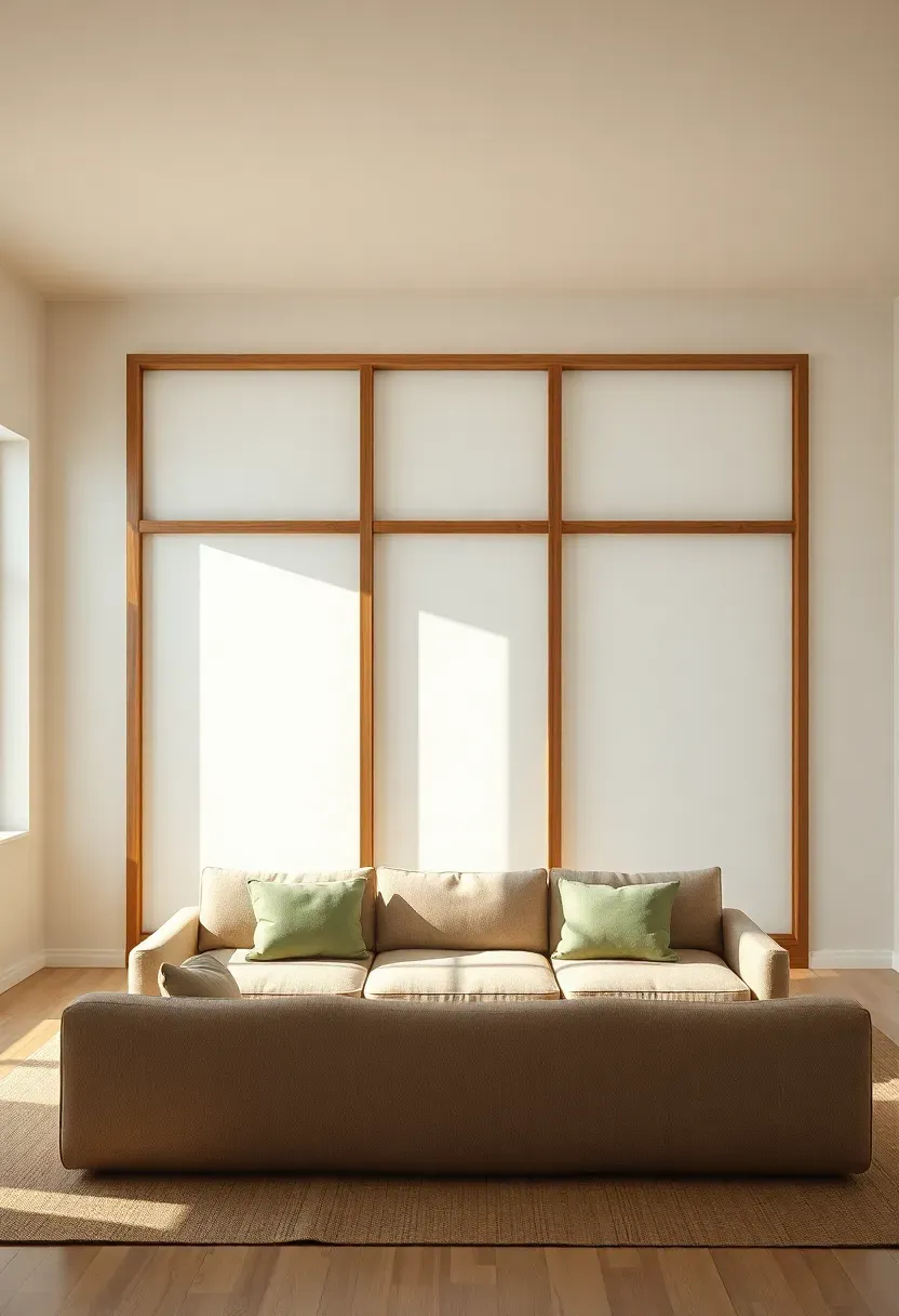 Hyper-realistic wide shot of minimalist Japandi living room with floor-to-ceiling shoji screen inspired accent wall featuring light oak frame and translucent white paper panels, low sofa and floor cushions in front. Materials: warm white surrounding walls, light oak frame, translucent paper panels, beige linen sofa, sage green cushions. Soft natural daylight filtering through paper panels creating gentle glow, serene and ethereal atmosphere. Sharp details on wood grain and paper texture, clean composition, no clutter, no text, no watermarks.</p>