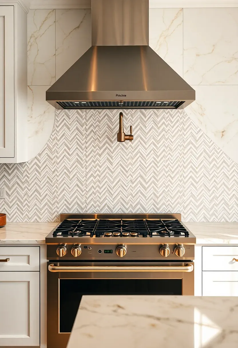 chevron marble mosaic backsplash in Calacatta gold behind a professional gas range with pot filler