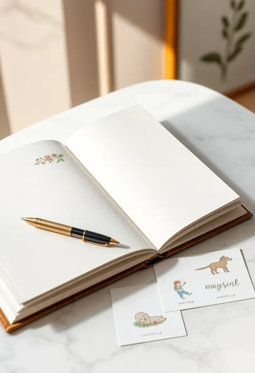 baby memory book with floral cover and milestone cards spread on a white surface