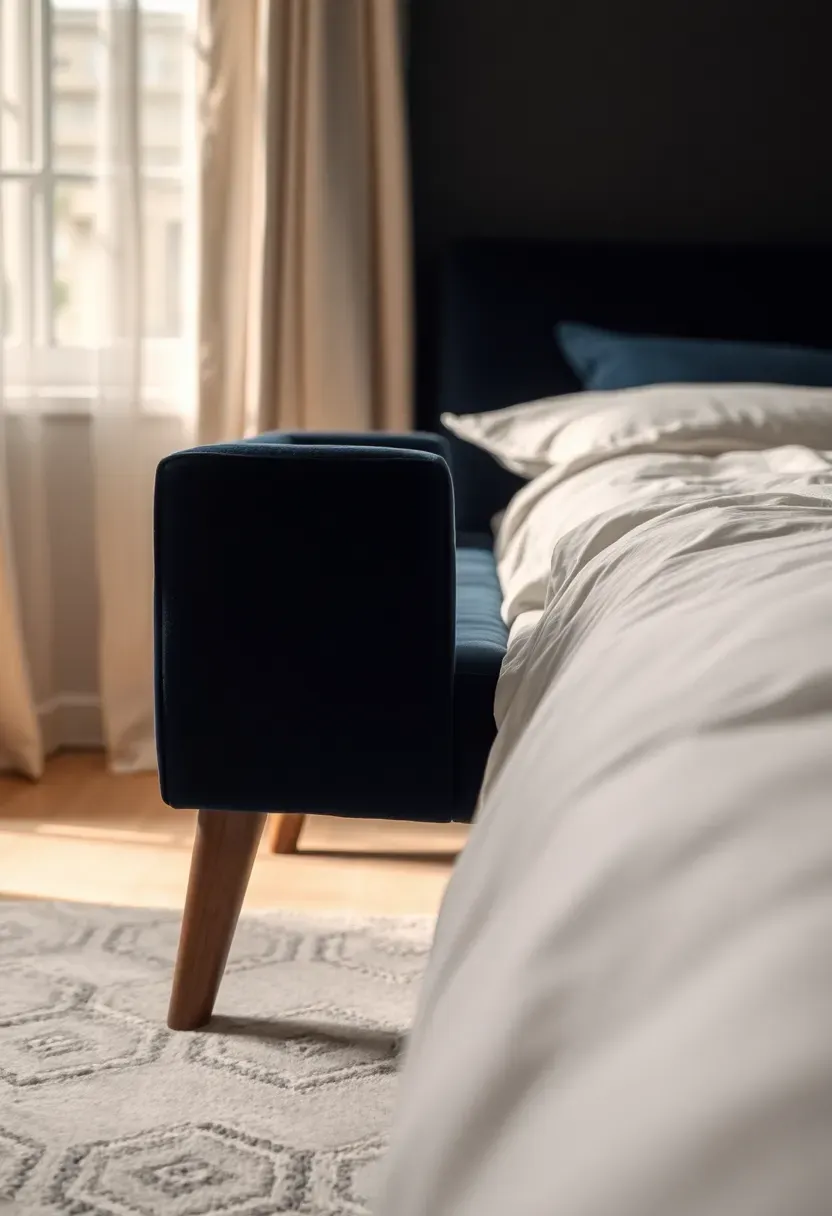 Midnight velvet bench at the foot