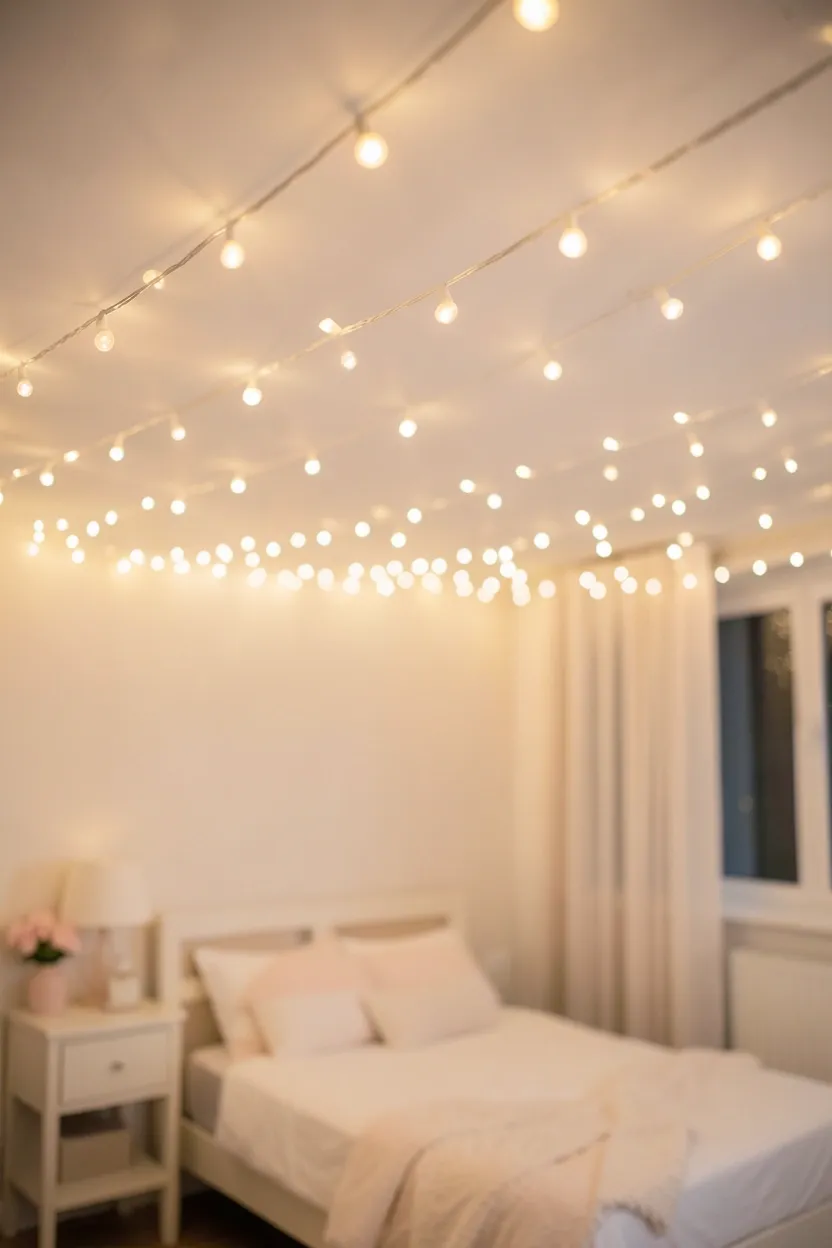 Warm white string lights draped in a canopy pattern above a boho bedroom bed creating a magical starry atmosphere