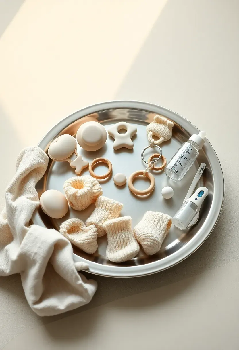 silver tray covered with assorted baby items including rattle pacifier bottle and toys for memory game