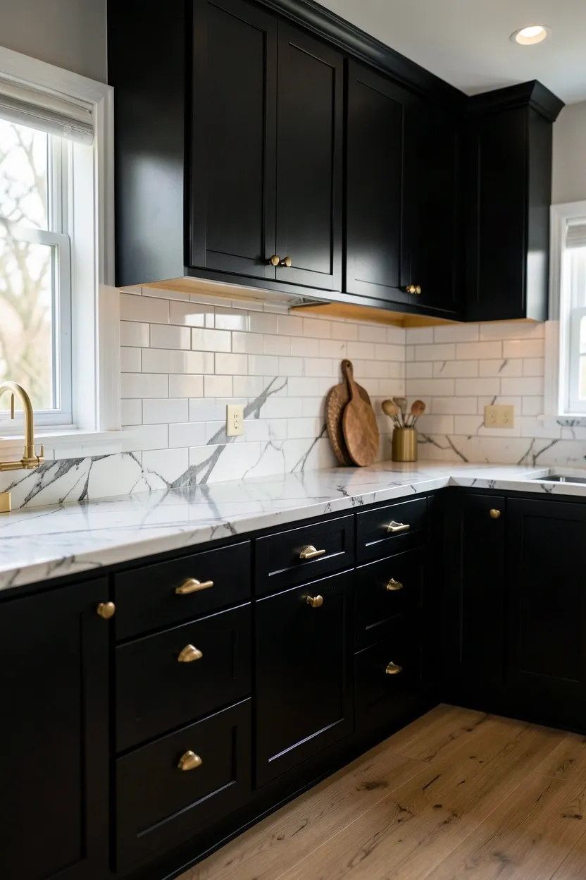 Classic black and white checkerboard tile floor in a bright kitchen with white cabinets and solid black countertops, timeless vintage-inspired pattern
