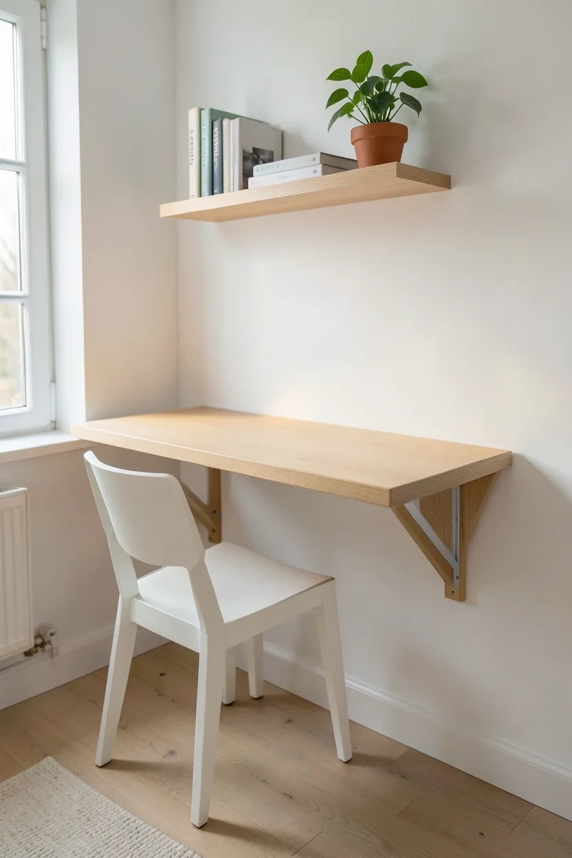 Fold-down wall-mounted desk in light wood finish tucked against white wall in a tiny Scandinavian apartment living space