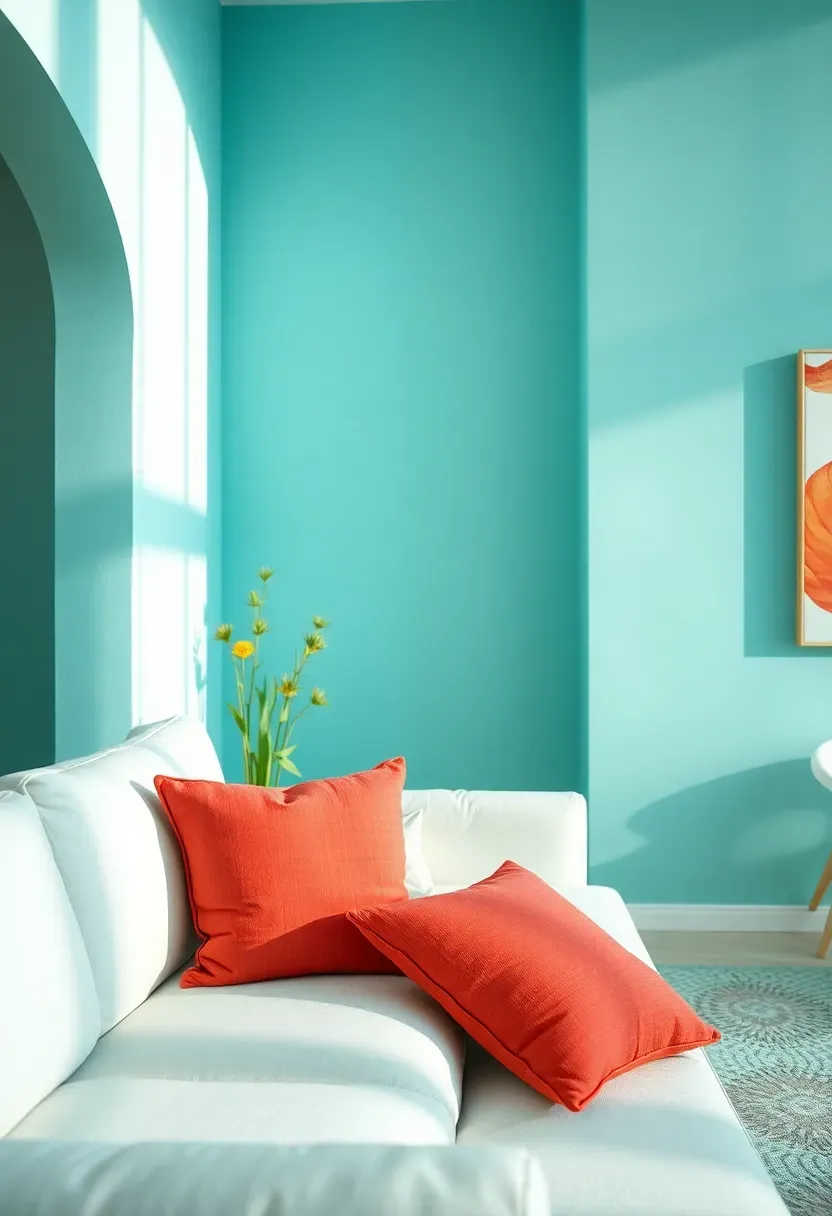 Hyper-realistic 3/4 view of a minimalist living room with pale turquoise walls, white sofa, coral accent pillows, modern art. Materials: matte turquoise paint, white cotton, coral linen, canvas art. Bright natural light, refreshing blue-green shadows. Shallow depth of field, modern artistic composition. No text, no logos, no watermarks.</p>
