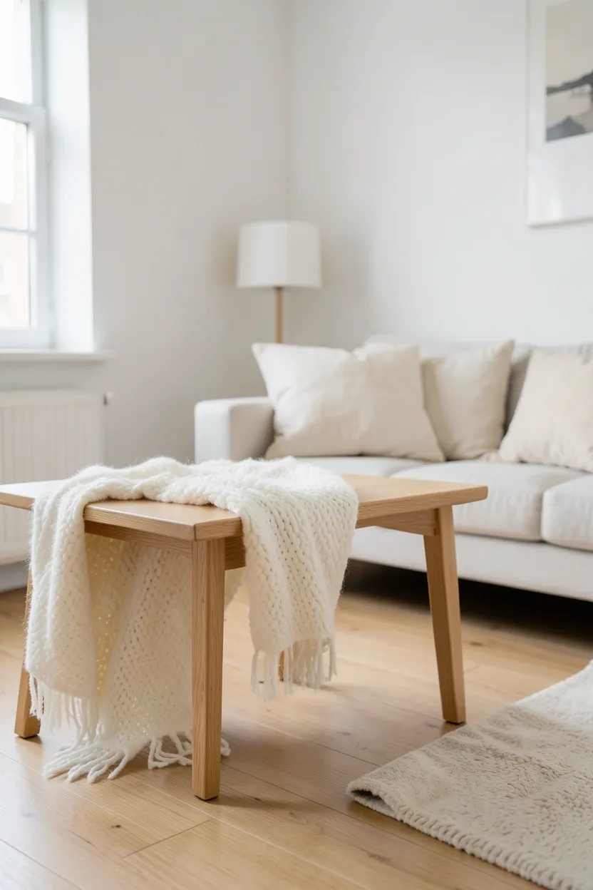 Scandinavian living room with light oak wood, wool rug, ceramic vase, and linen upholstery