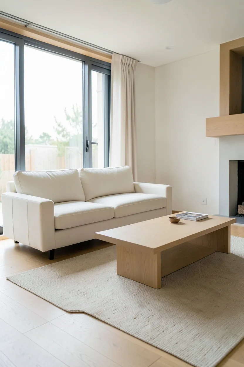 Low-profile Japandi sofa and coffee table in light beige and oak keeping the living room open and airy