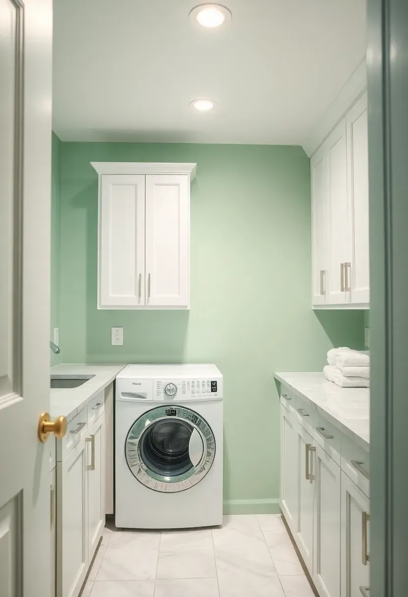 light and airy basement laundry room with icy mint green walls and white cabinets