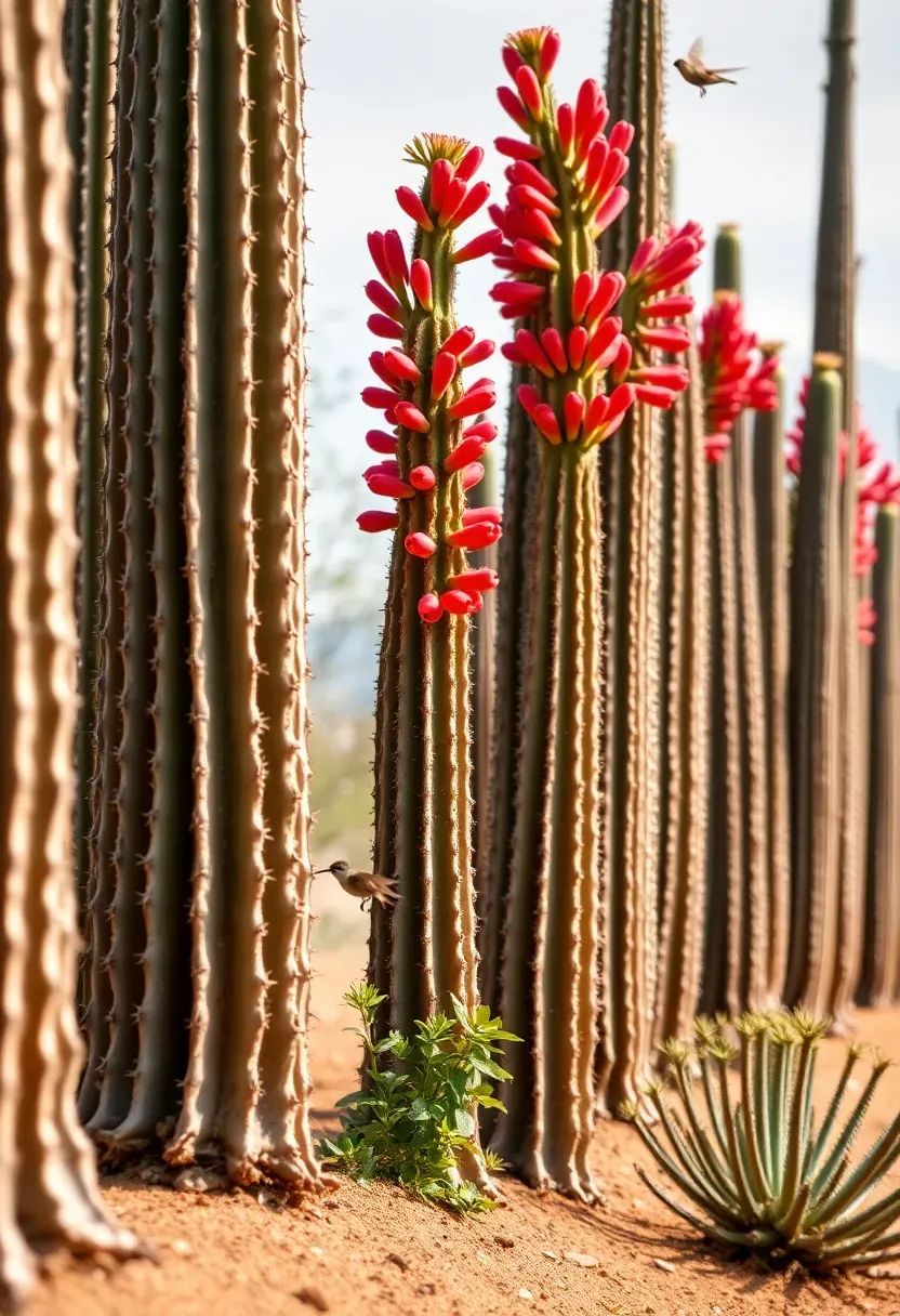Living ocotillo fence along an Arizona property line with tall red-tipped ocotillo canes, palo verde, and desert plants at the base