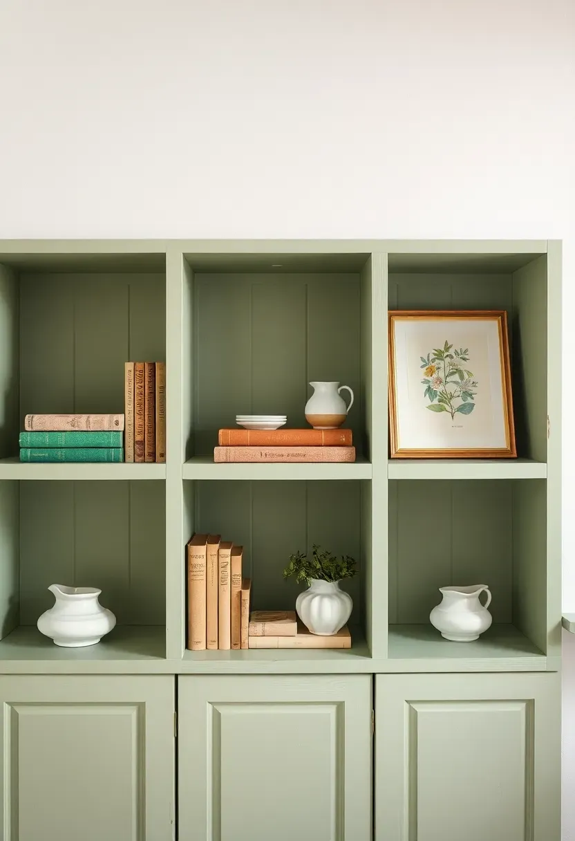 Built-in bookshelves painted soft sage green with vintage ceramics, books, and botanical prints in a shabby chic living room