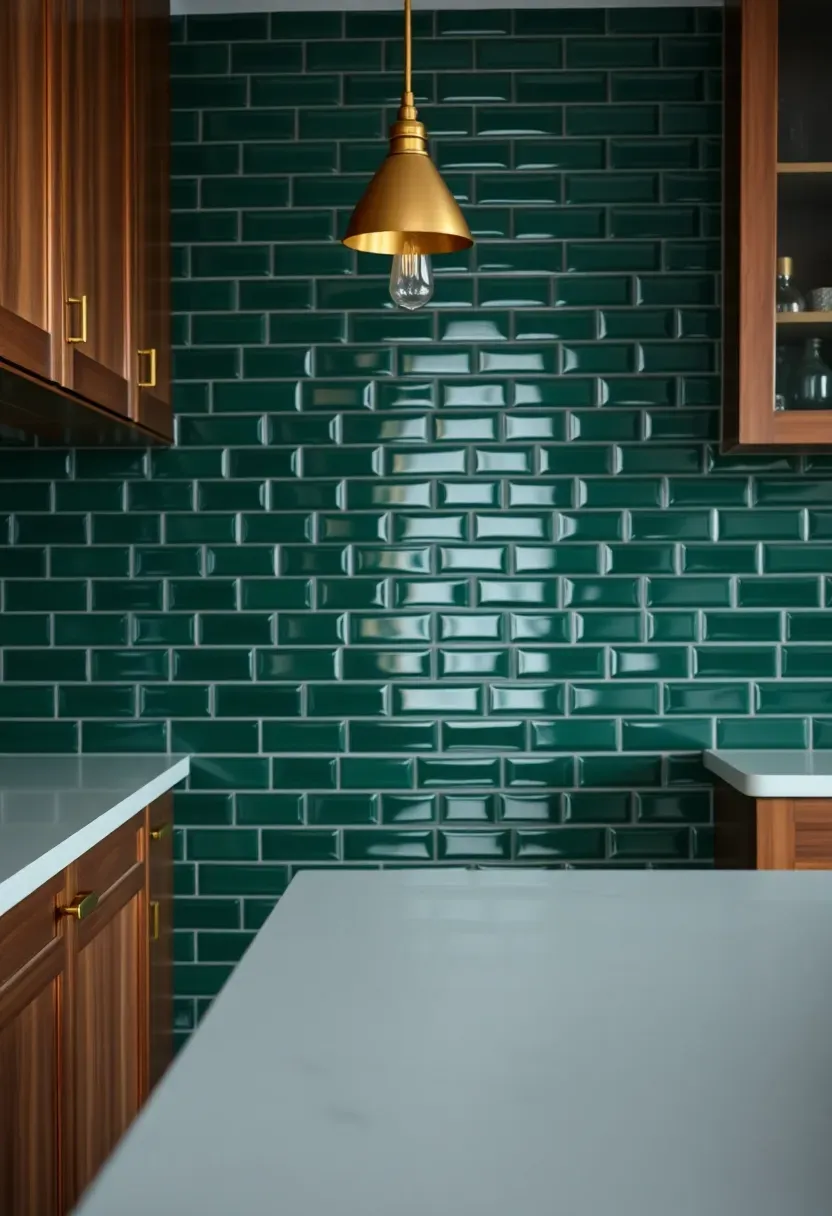 glossy forest green glazed brick tile backsplash in a kitchen with walnut cabinets and brass hardware