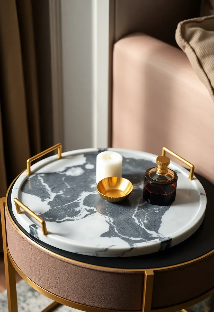 Hammered brass round tray with small trailing pothos plant in ceramic pot and geometric copper candle holder on a linen-covered console