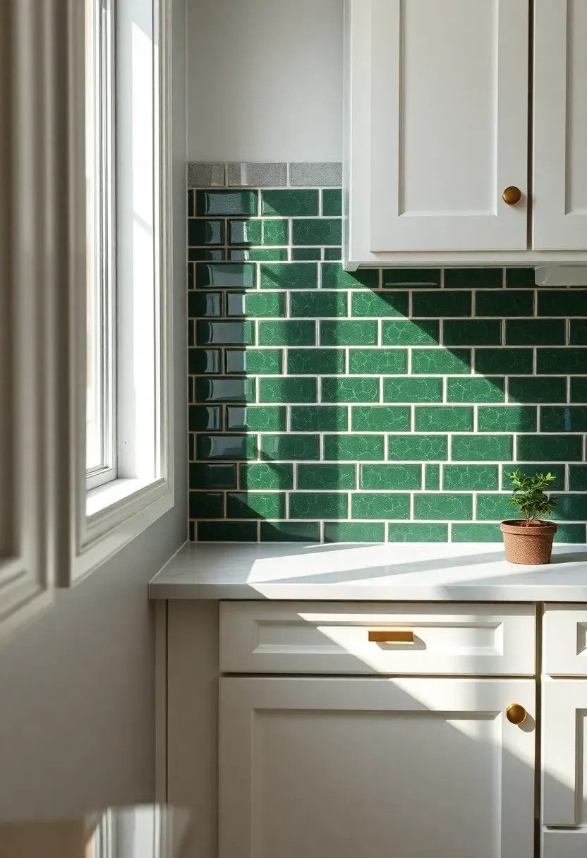 forest green glazed brick tile backsplash with glossy crackle finish in white kitchen with quartz countertops and brass fixtures