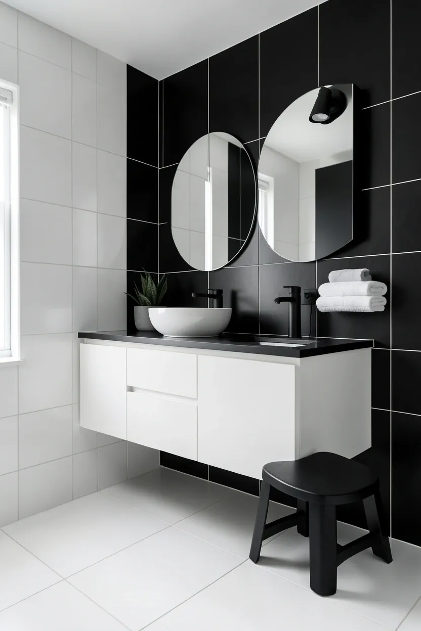 Large-format white floor tiles with a single black accent wall behind the vanity — minimalist black and white bathroom