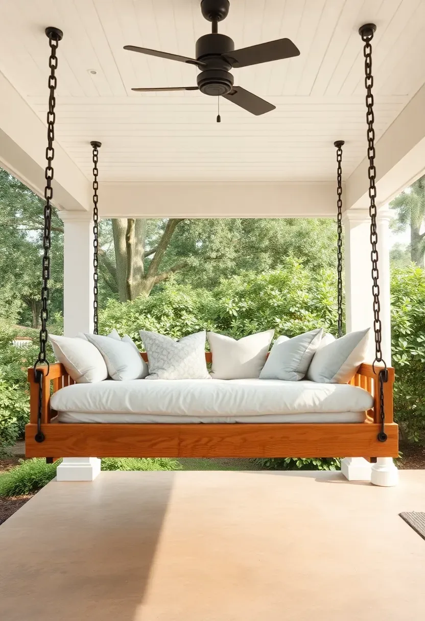 A large suspended porch swing bed with white cushions and pillows hanging by chains from a covered patio ceiling in a lush backyard