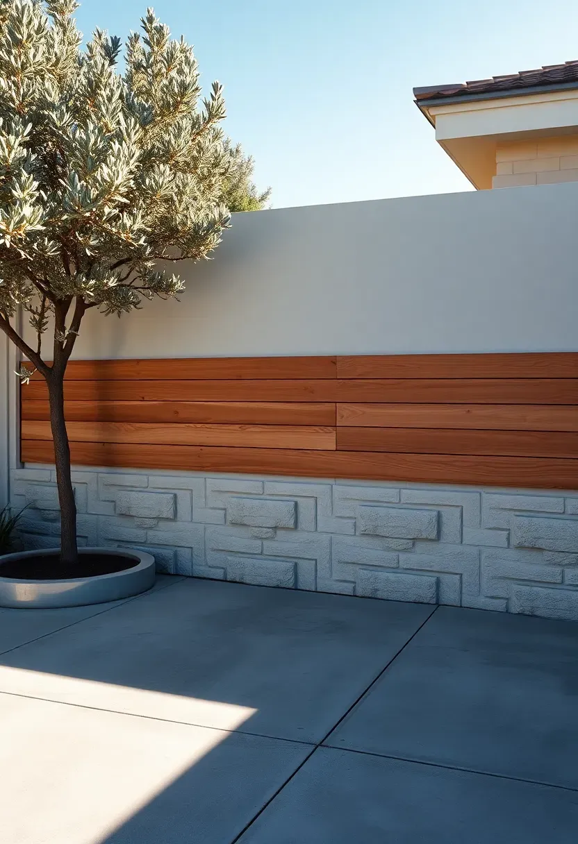 Modern fence design with a concrete block base wall and natural wood slat panels on top in a contemporary backyard